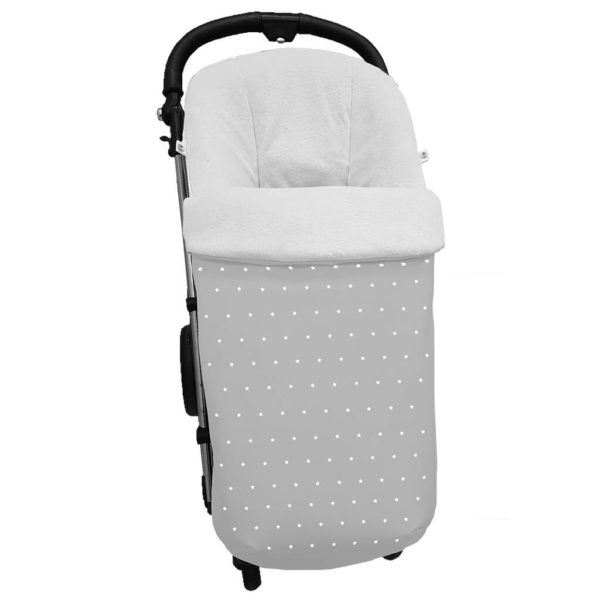 Saco para silla modelo global en tejido polipiel gris con bordado de estrellitas blanco. Interior en pelo blanco