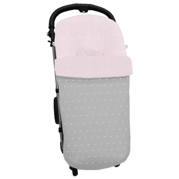 Saco para silla modelo global en tejido polipiel gris con bordado de estrellitas rosa. Interior en piqué rosa