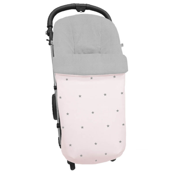 Saco para silla modelo global en tejido polipiel rosa con bordado de estrellas gris. Interior en napoles gris