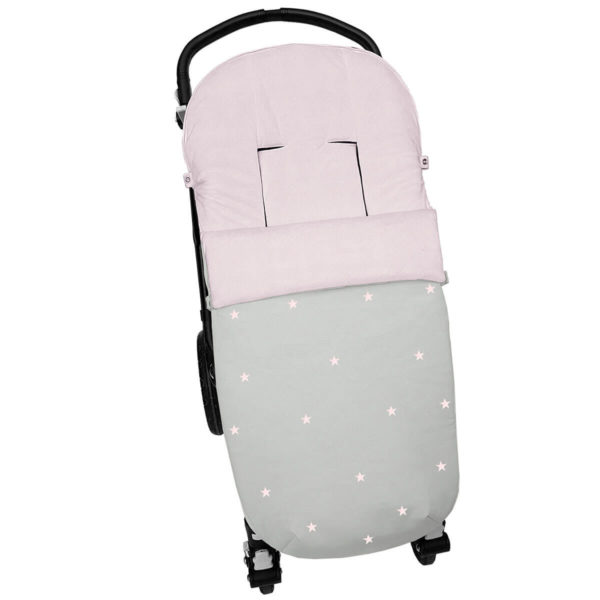 Saco para silla modelo universal en tejido polipiel gris con bordado de estrellas rosa. Interior en napoles rosa