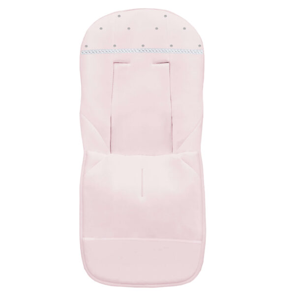 Funda para silla modelo universal en tejido piqué de algodón color rosa con entredós de ochos y bordado de bodoques