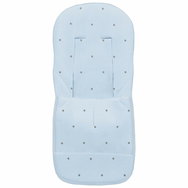 Funda para silla modelo universal en tejido napoles de algodón color celeste con bordado de estrellas gris