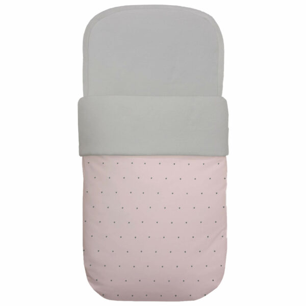 Saco para capazo polipiel rosa bordado topitos gris piqué gris Por su forma y tamaño apto para todo tipo de capazos.