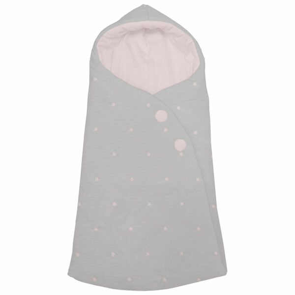 Saco Capucha en tejido piqué de algodón gris con bordado de estrellas rosa con el interior en tejido piqué de algodón rosa