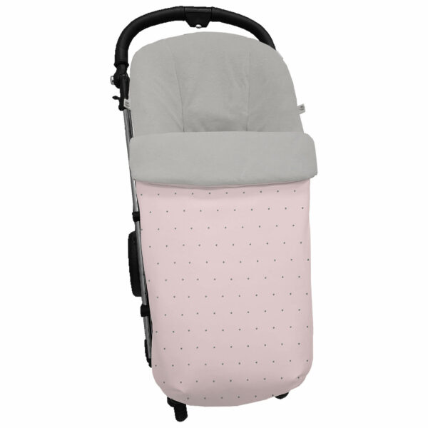 Saco para silla modelo global en tejido polipiel rosa con bordado de topitos gris. Interior en piqué gris