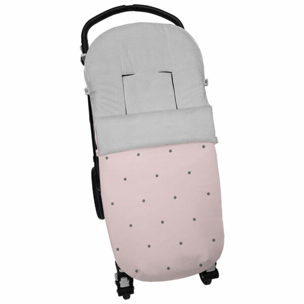 Saco para silla modelo universal en tejido polipiel rosa con bordado de bodoques gris. Interior en napoles gris