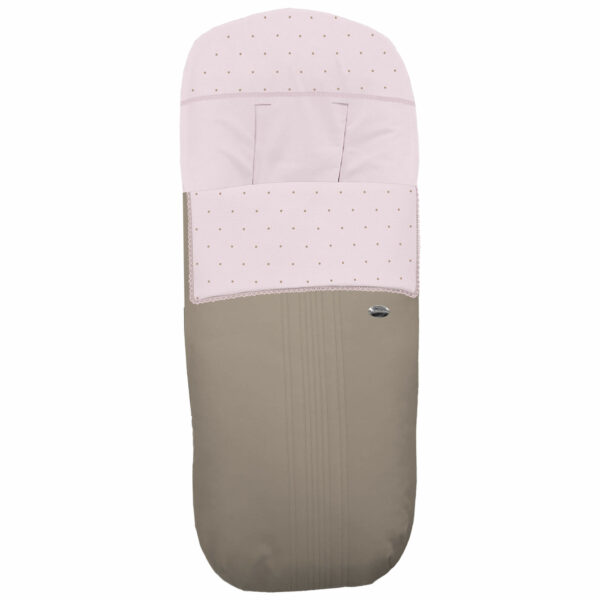 Saco para silla modelo gemelar en tejido polipiel Jaretas Tostado. Interior en Piqué Rosa. Topitos y Puntilla Rosa en rosa