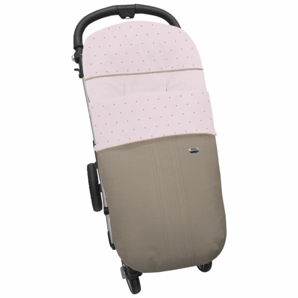 Saco para silla modelo global en tejido polipiel Jaretas Tostado. Interior en Piqué Rosa. Topitos y puntilla en rosa