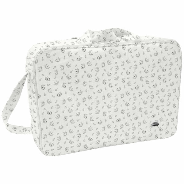 Maleta en tejido estampado Florencia Gris - Galileo Gris. Para el interior tejido blanco impermeable.