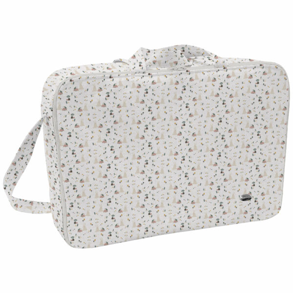 Maleta en tejido estampado Orlando Rosa - Ayora. Para el interior tejido blanco impermeable.