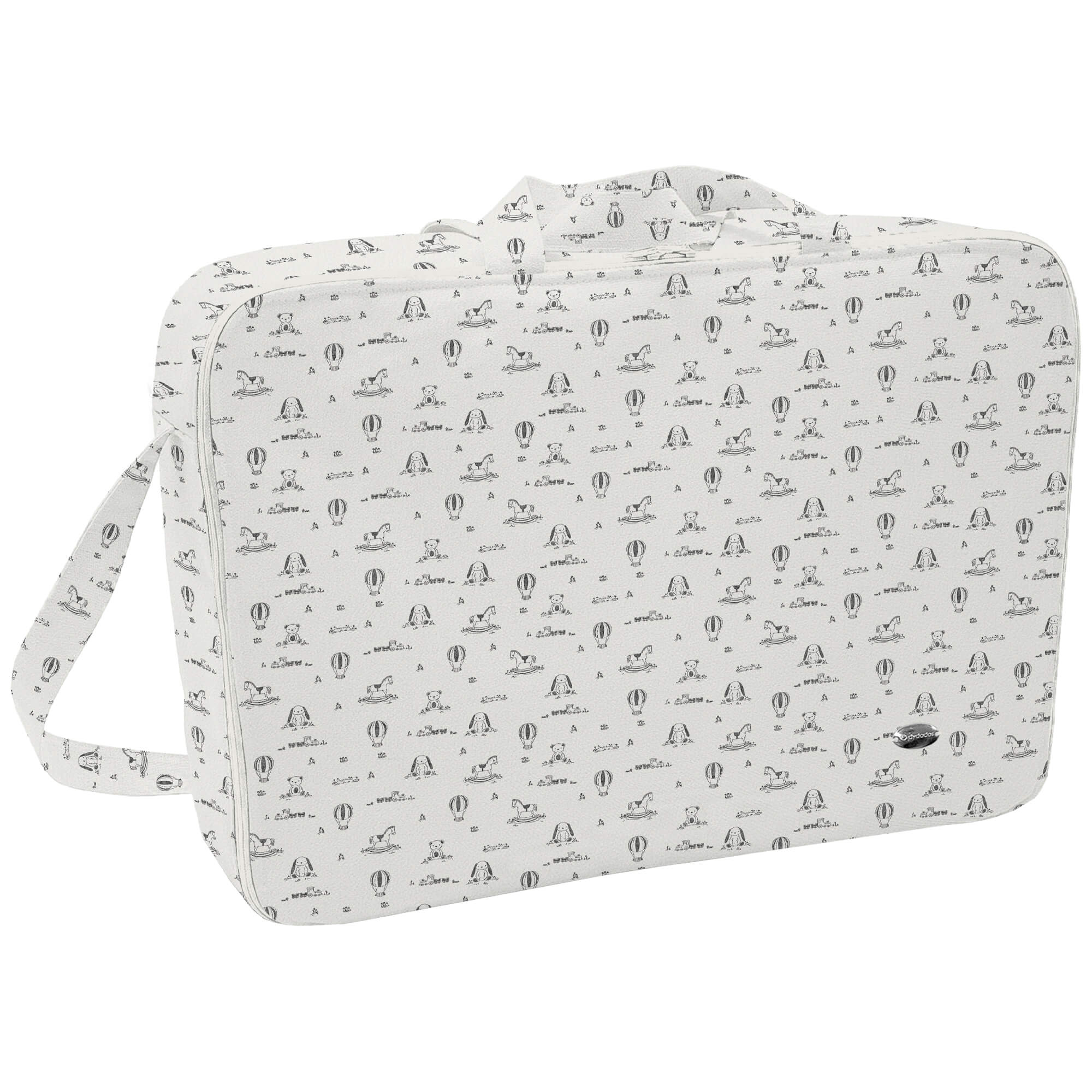 Maleta polipiel estampada Sueños Gris Maleta en tejido polipiel estampada Sueños Gris. Para el interior tejido blanco impermeable.
