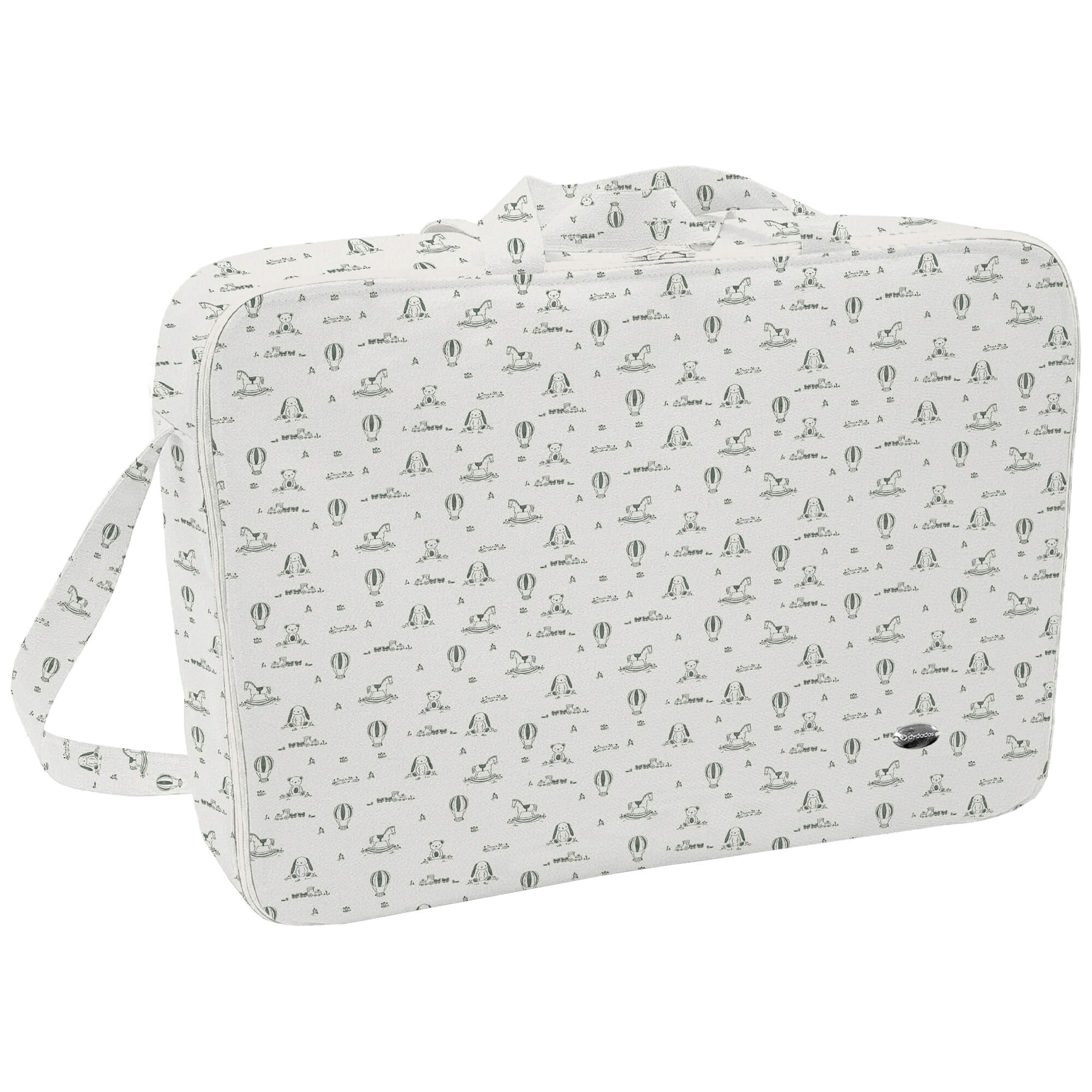 Maleta polipiel estampada Sueños Verde Maleta en tejido polipiel estampada Sueños Verde. Para el interior tejido blanco impermeable.