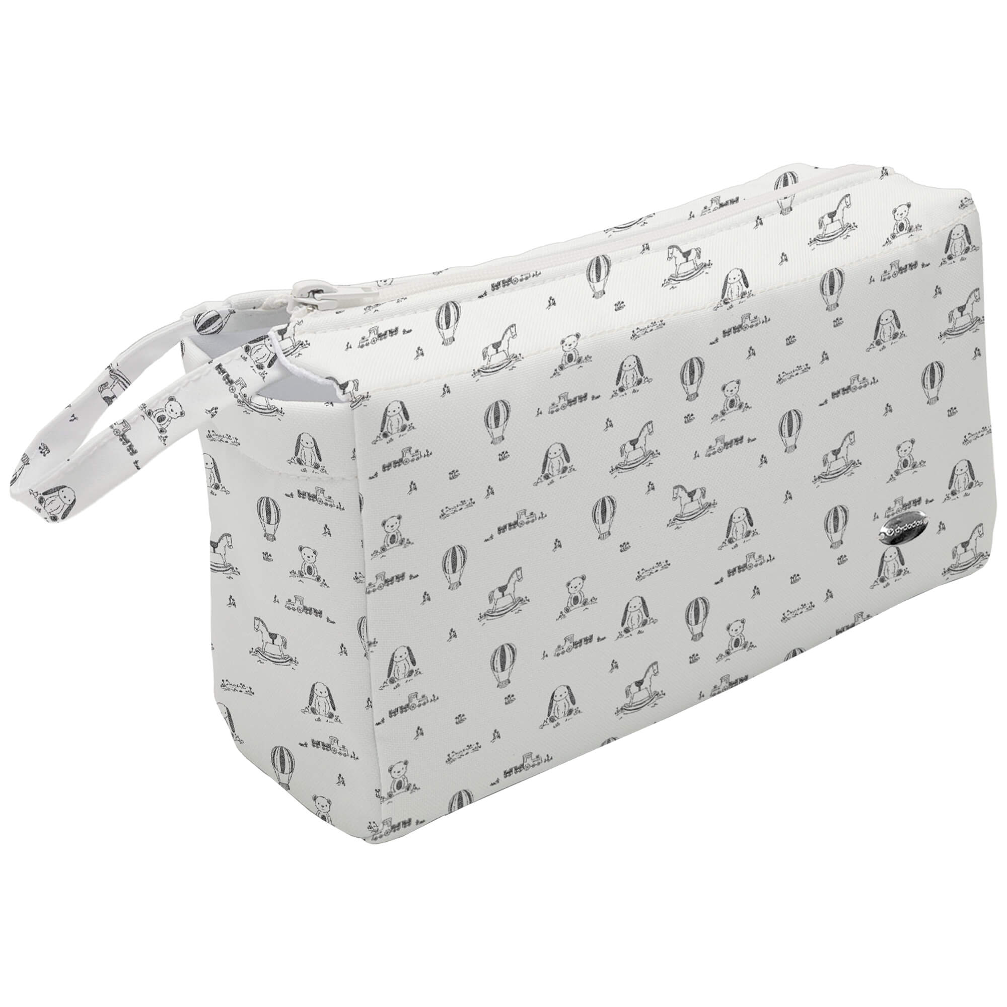 Neceser tejido estampado Sueños Gris Neceser en tejido estampado Sueños Gris. Para el interior tejido blanco impermeable.