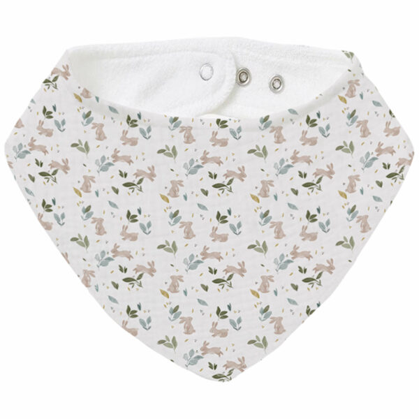 Bandana grande en tejido villela estampada y por el revés rizo de algodón; colección Cristel y Altea