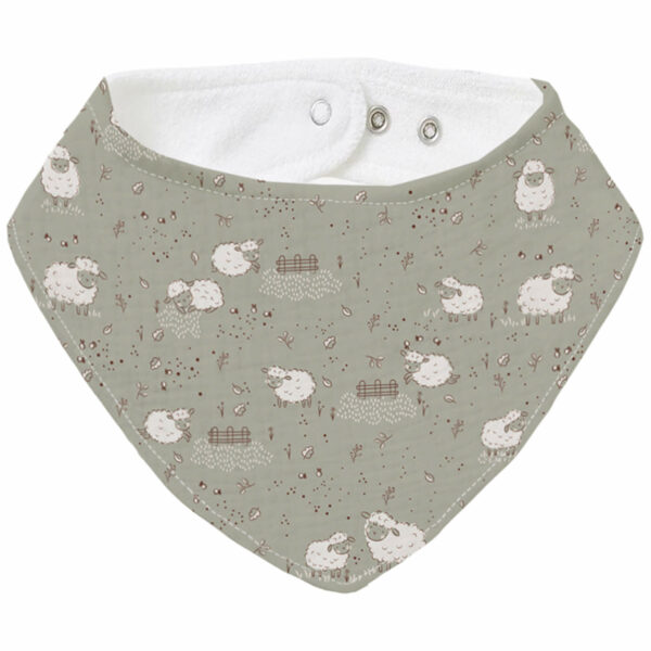 Bandana grande en tejido villela estampada y por el revés rizo de algodón; colección Doly
