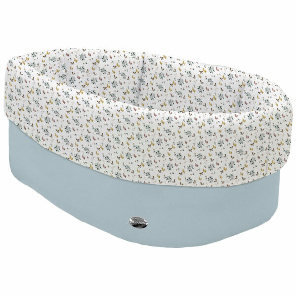 Cesta de Baño por fuera en tejido polipiel azulado; por dentro y vuelta en tejido villela estampado colección Zoe