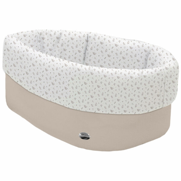 Cesta de Baño por fuera en tejido polipiel color tostado; por dentro en tejido villela estampada colección Luan Tostado