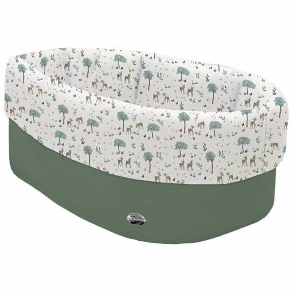 Cesta de Baño por fuera en tejido polipiel color verde; por dentro y vuelta en tejido villela estampado colección Bambi