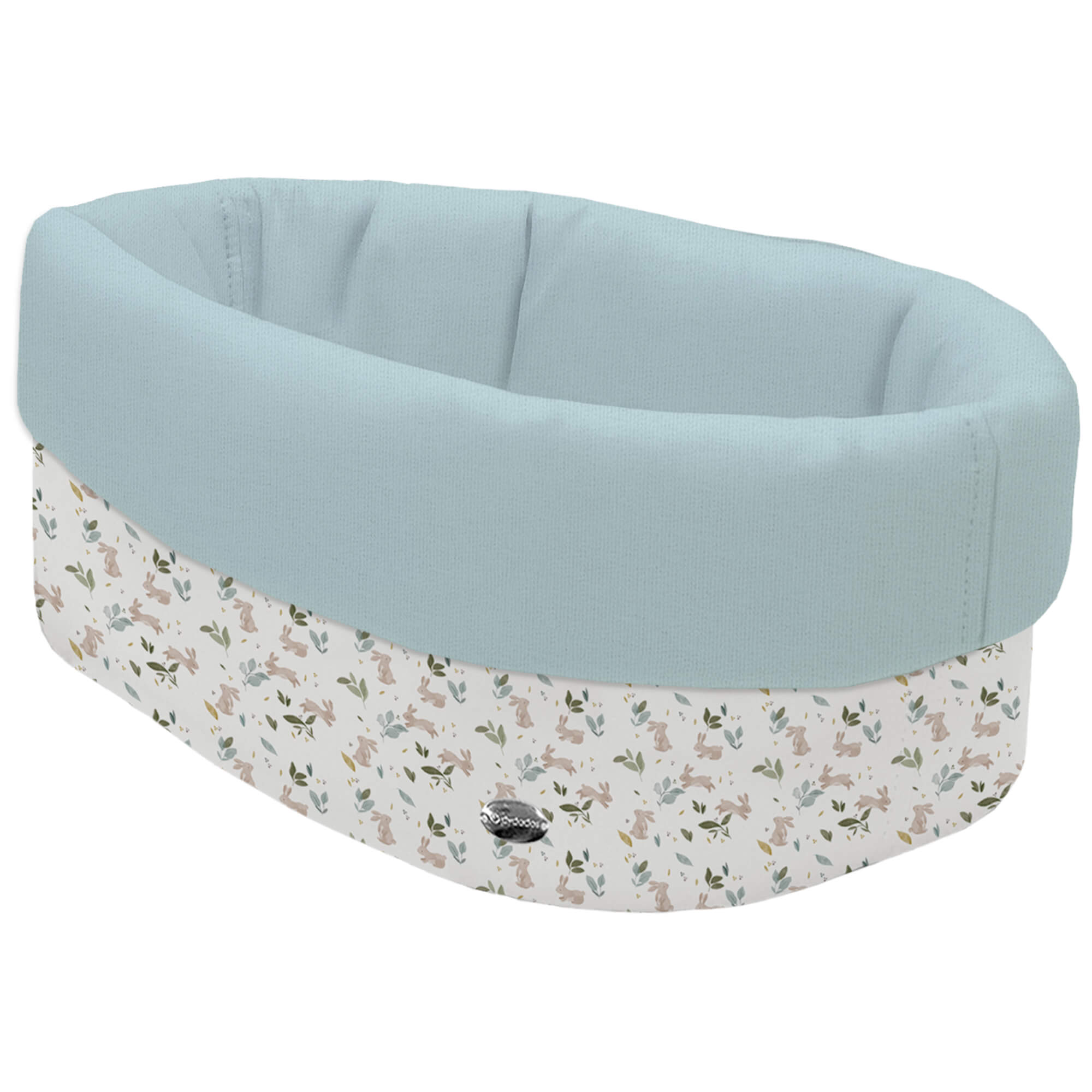 Cesta de Baño por fuera en tejido polipiel estampada Cristel; por dentro tejido villela de algodón en liso color blue