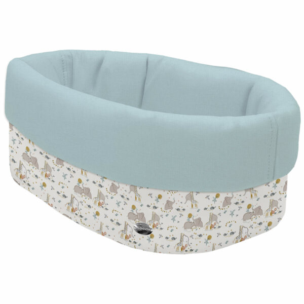 Cesta de Baño por fuera en tejido polipiel estampada; por dentro tejido villela de algodón en liso color blue Guillen;