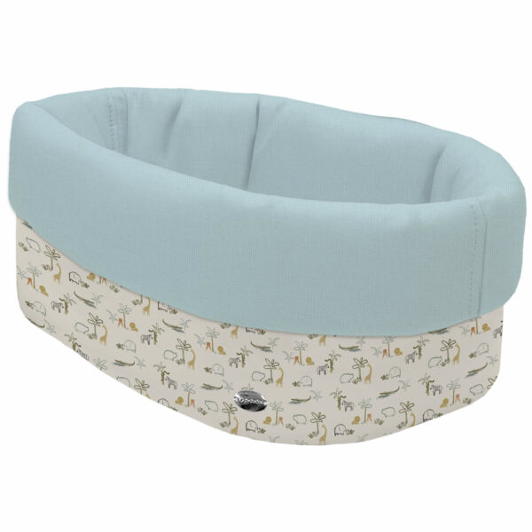 Cesta de Baño por fuera en tejido polipiel estampada Henry; por dentro tejido villela de algodón en liso color blue