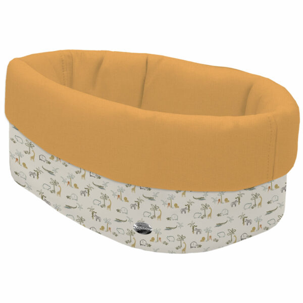 Cesta de Baño por fuera en tejido polipiel estampada Henry; por dentro tejido villela de algodón en liso color mostaza