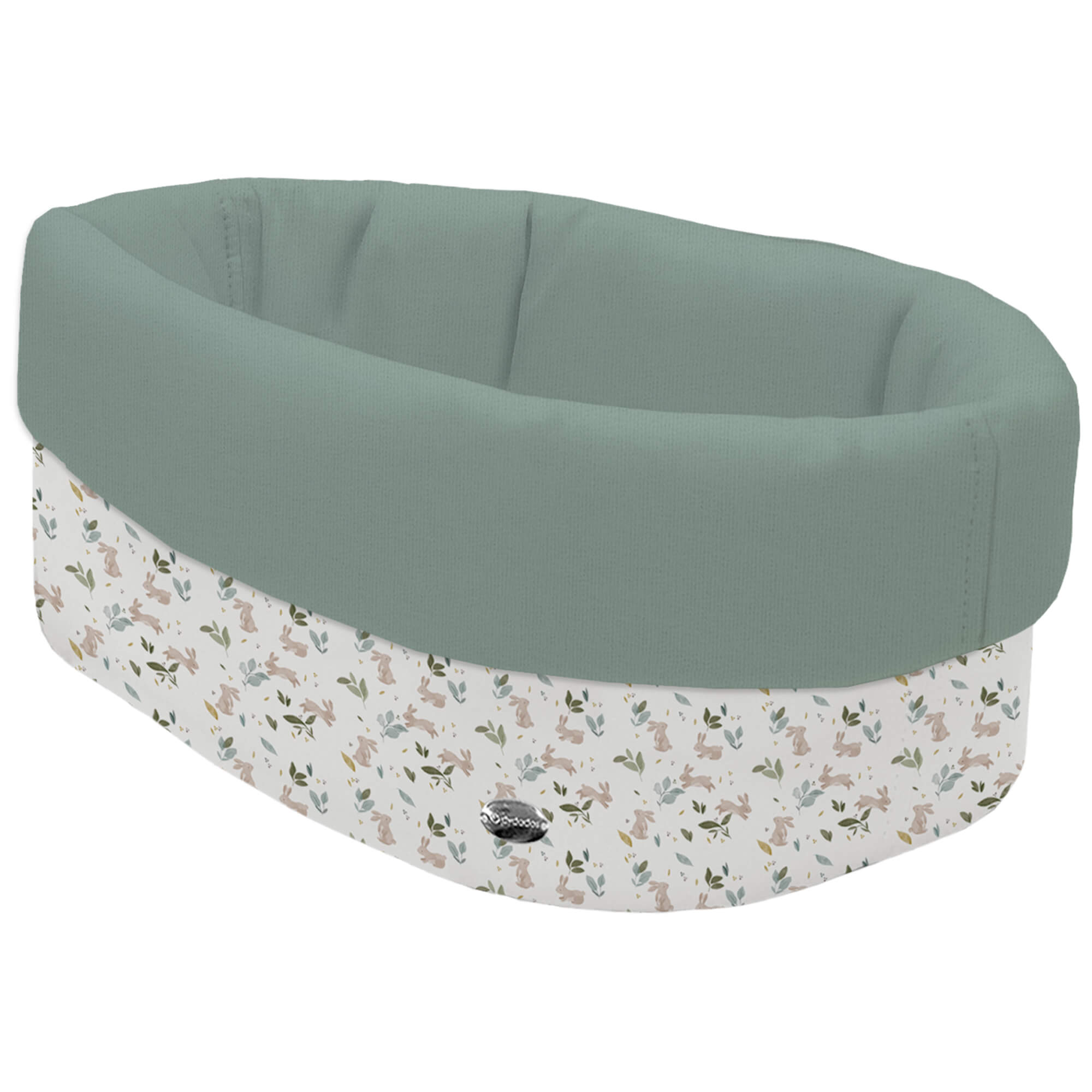 Cesta de Baño por fuera en tejido polipiel estampada Cristel; por dentro tejido villela de algodón en liso color verde