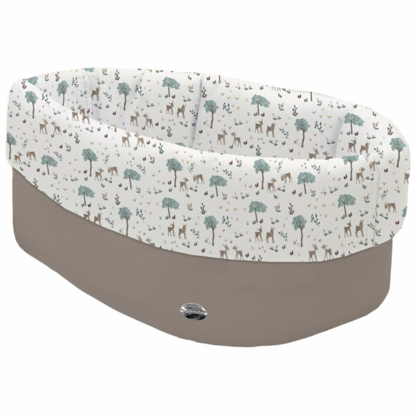 Cesta de Baño por fuera en tejido polipiel color visón; por dentro y vuelta en tejido villela estampado colección Bambi