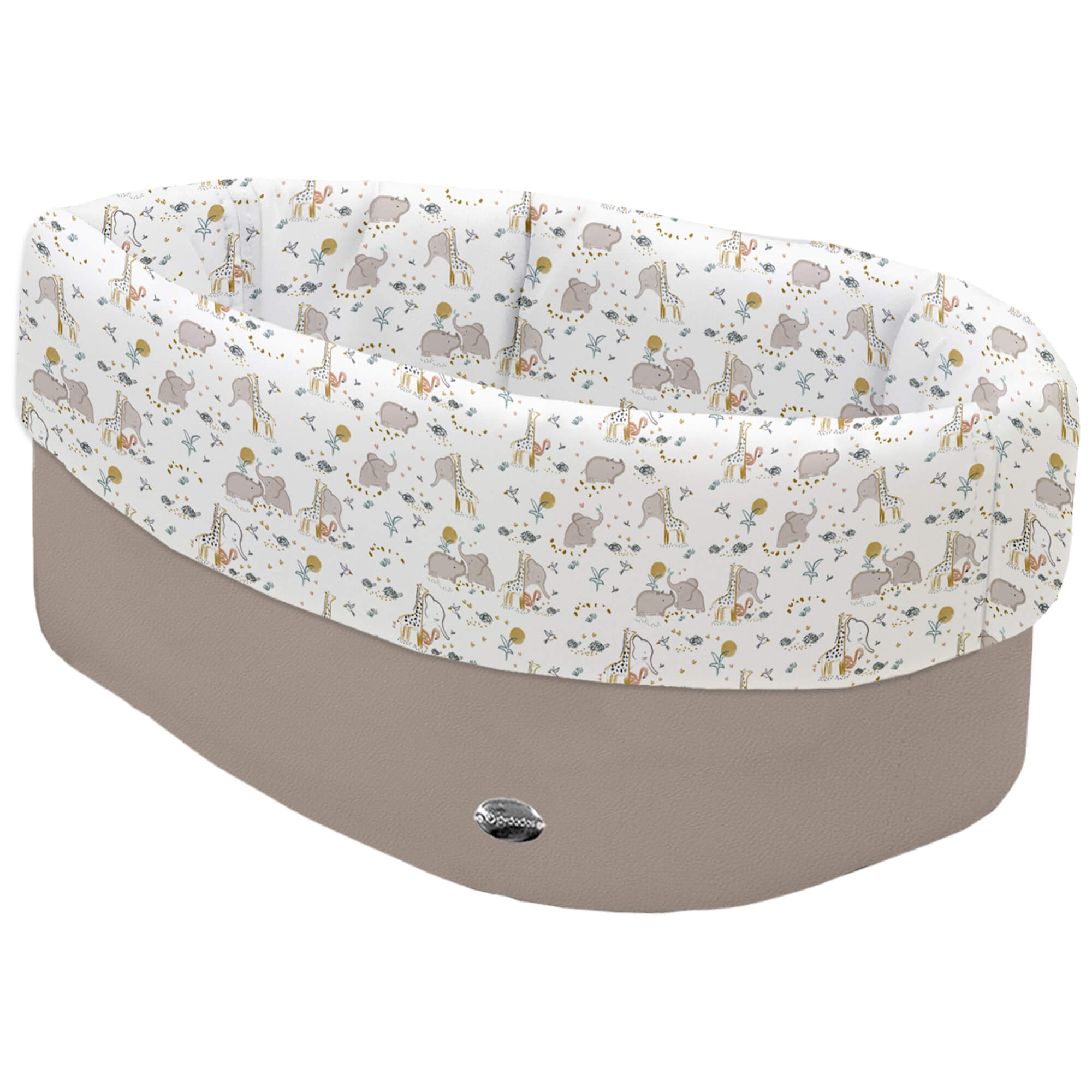 Cesta de Baño polipiel visón; por dentro y vuelta en tejido villela estampado colección Erick Cesta de Baño por fuera en tejido polipiel visón; por dentro y vuelta en tejido villela estampado colección Erick