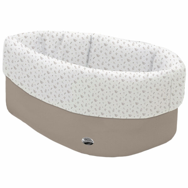 Cesta de Baño por fuera en tejido polipiel visón; por dentro y vuelta en tejido villela estampado colección Luan Tostado