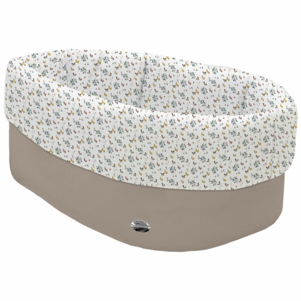 Cesta de Baño por fuera en tejido polipiel visón; por dentro y vuelta en tejido villela estampado colección Zoe