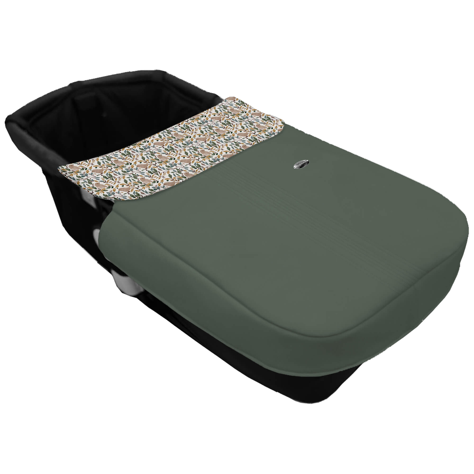 Colcha para Capazo con Cinturón en tejido polipiel muy suave con jaretas color verde. Para el babero pelo estampado Dylan