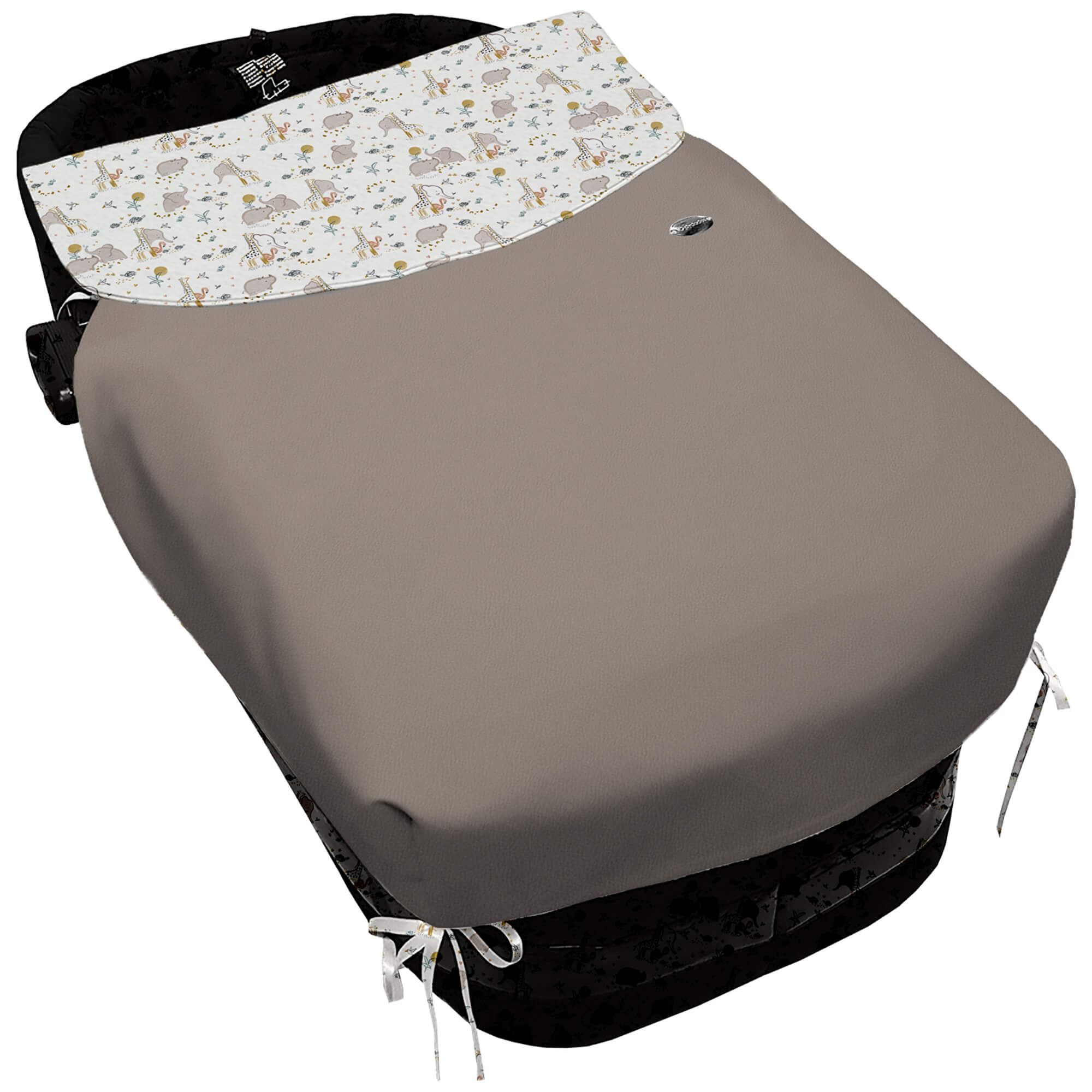 Colcha para Capazo con Lazos en polipiel color visón. Babero pelo estampado Erick Colcha para Capazo con Lazos en tejido polipiel muy suave color visón. Para el babero pelo estampado Erick