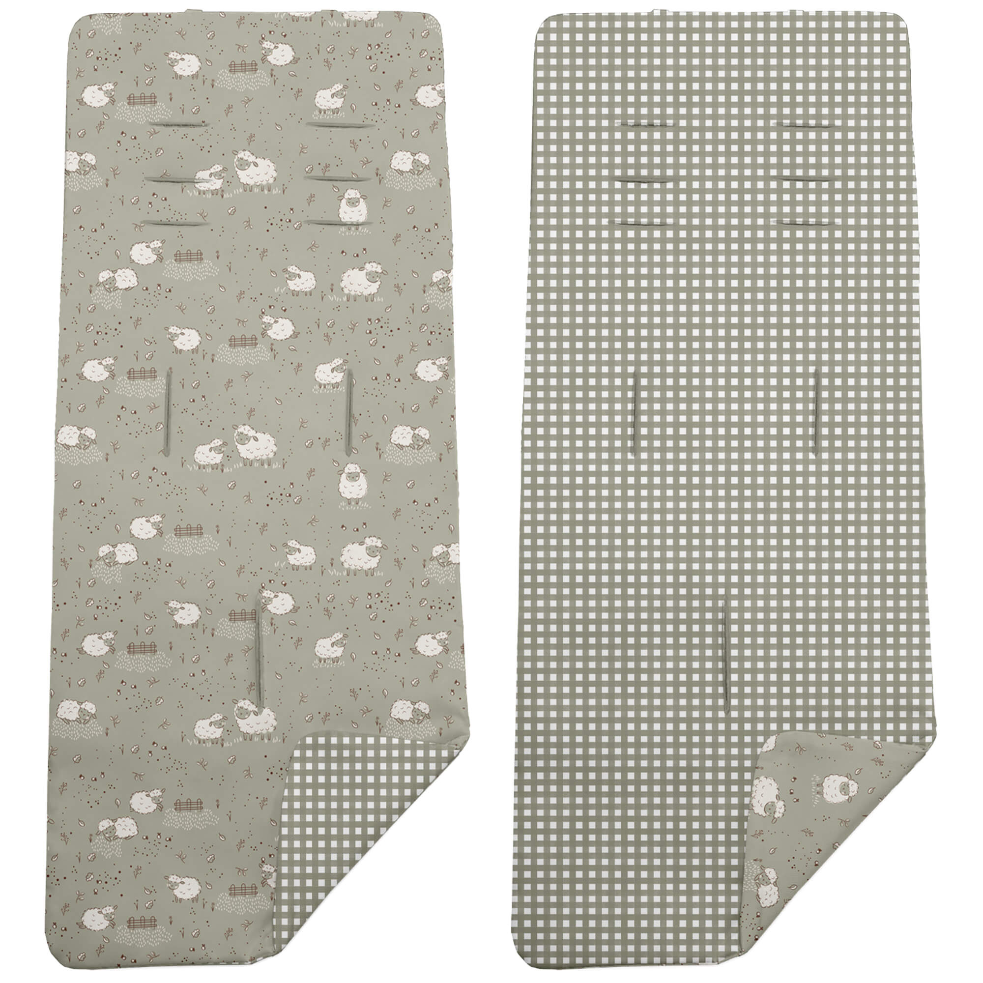 Colchoneta para silla reversible en batista estampada por un lado Ovejas Doly y por el otro lado Vichy Doly