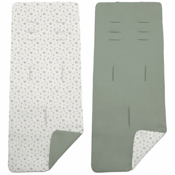 Colchoneta para silla reversible por un lado en puzzle de algodón color verde y por el otro lado batista estampada diseño Luan Verde