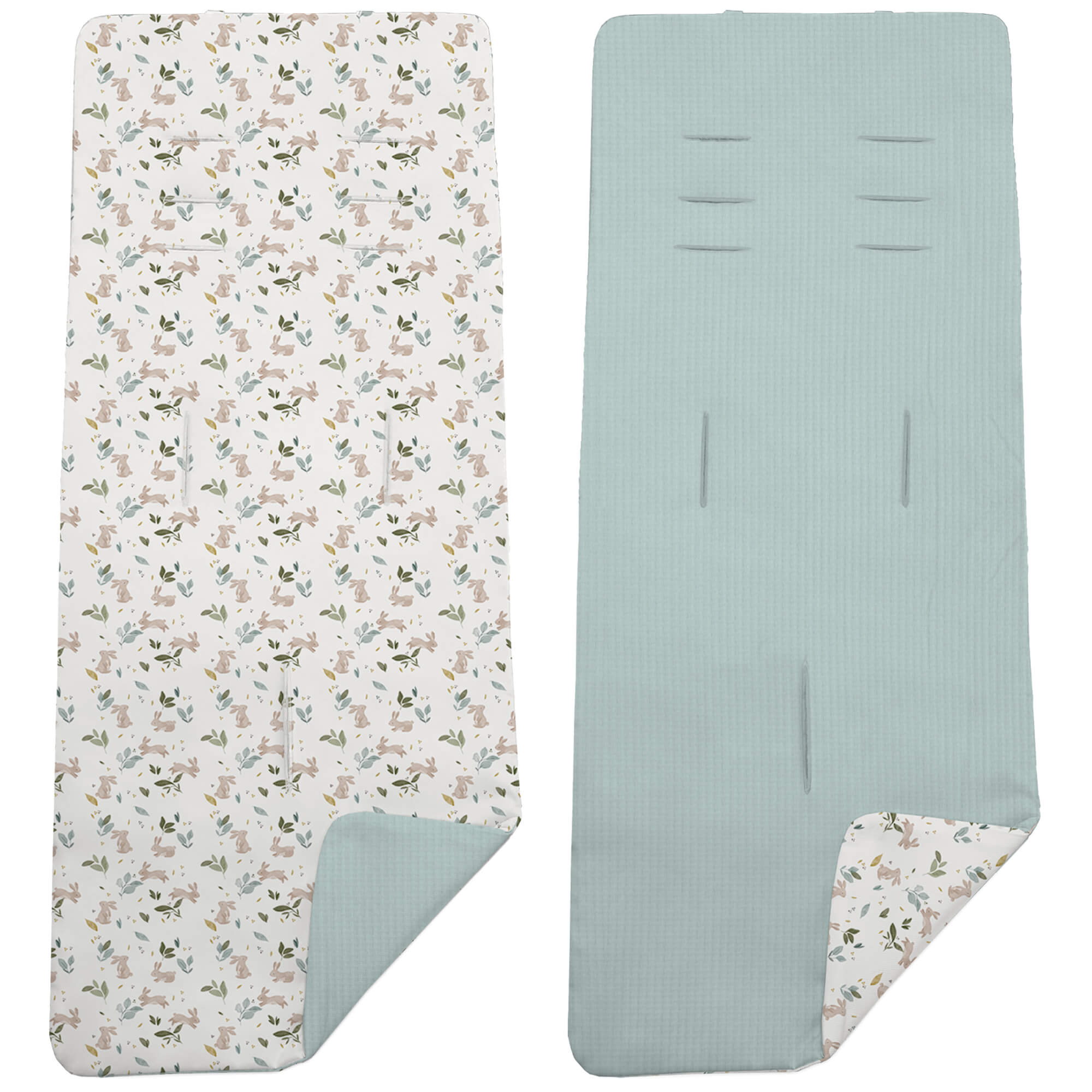 Colchoneta para silla reversible por un lado en serker de algodón color menta y por el otro lado batista estampada diseño Altea