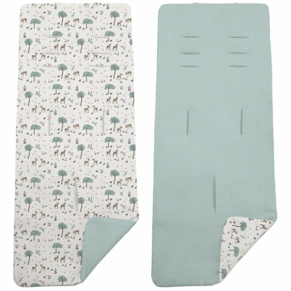 Colchoneta para silla reversible por un lado en serker de algodón color menta y por el otro lado batista estampada diseño Bambi