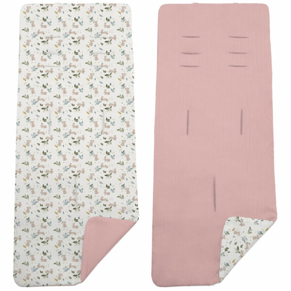 Colchoneta para silla reversible por un lado en serker de algodón color rosa y por el otro lado batista estampada diseño Altea