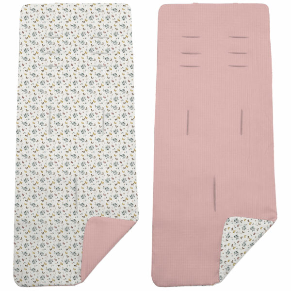 Colchoneta para silla reversible por un lado en serker de algodón color rosa y por el otro lado batista estampada diseño Zoe