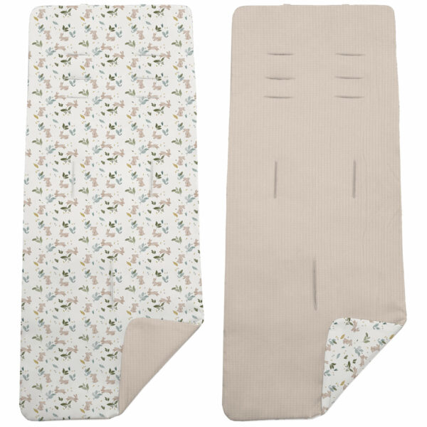 Colchoneta para silla reversible por un lado en serker de algodón color tostado y por el otro lado batista estampada diseño Altea