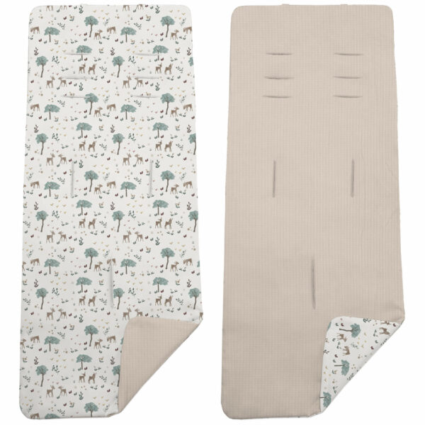 Colchoneta para silla reversible por un lado en serker de algodón color tostado y por el otro lado batista estampada diseño Bambi