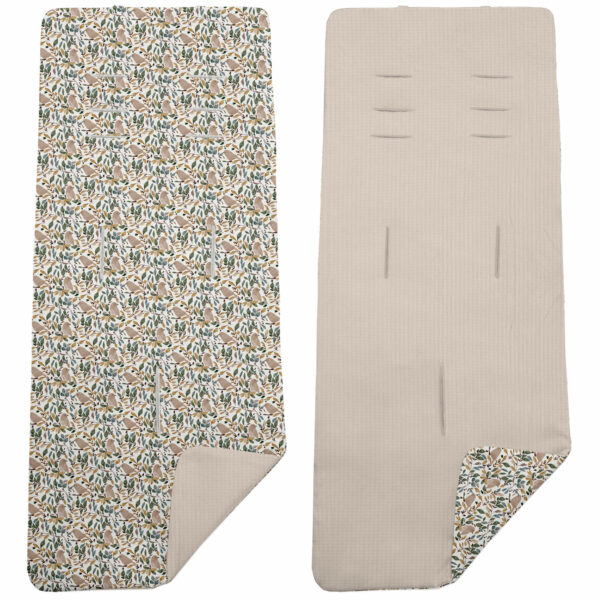 Colchoneta para silla reversible por un lado en serker de algodón color tostado y por el otro lado batista estampada diseño Dylan