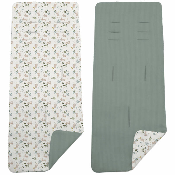 Colchoneta para silla reversible por un lado en serker de algodón color verde y por el otro lado batista estampada diseño Altea