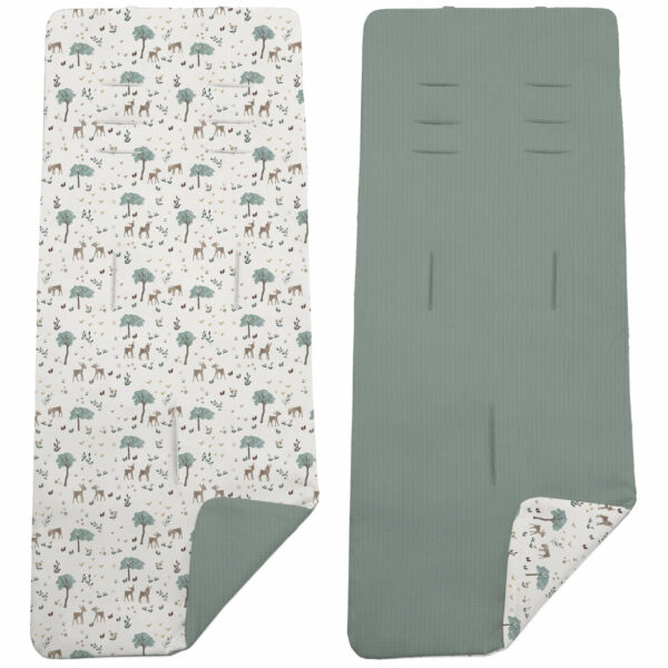 Colchoneta para silla reversible por un lado en serker de algodón color verde y por el otro lado batista estampada diseño Bambi