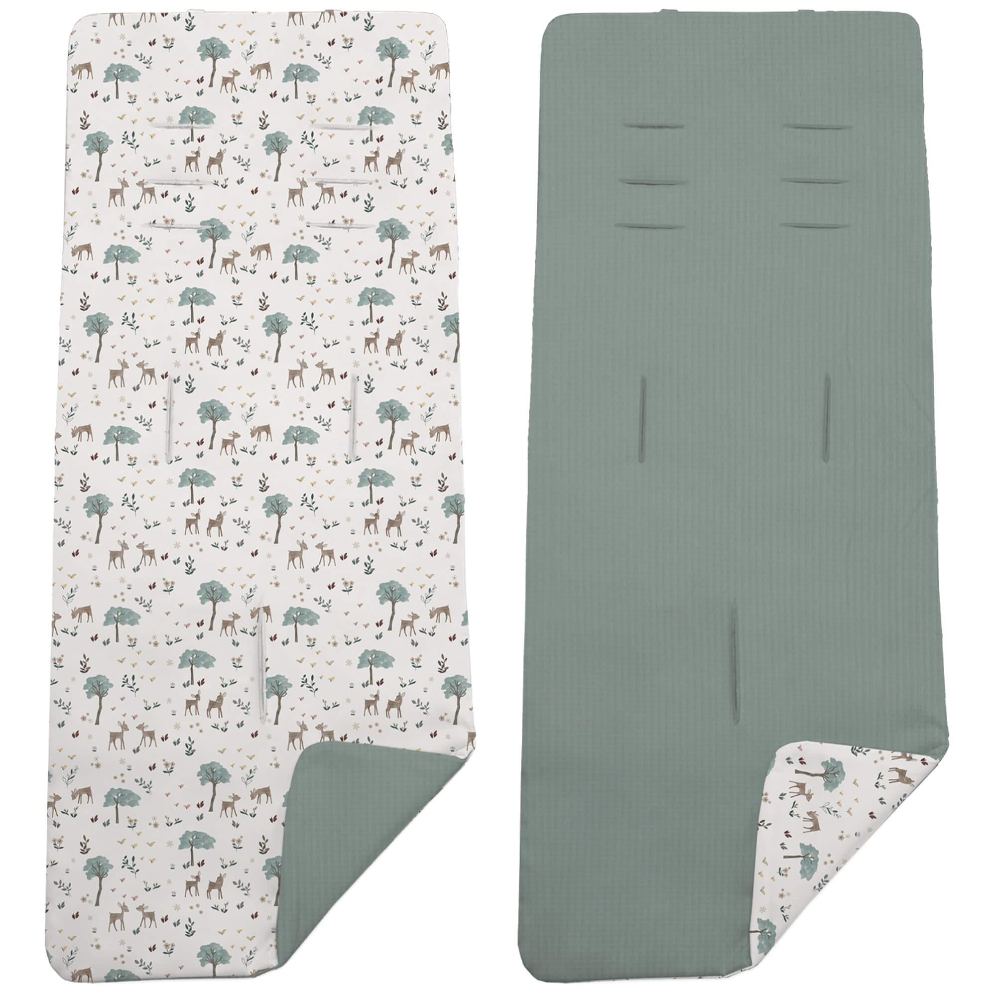 Colchoneta para silla reversible en serker verde y estampado Bambi Colchoneta para silla reversible por un lado en serker de algodón color verde y por el otro lado batista estampada diseño Bambi