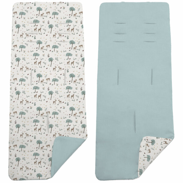Colchoneta para silla reversible por un lado en villela de algodón color blue y por el otro lado batista estampada diseño Benny