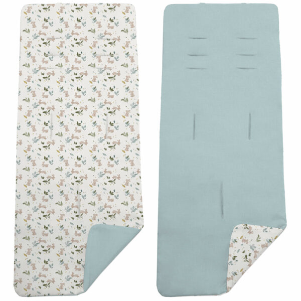 Colchoneta para silla reversible por un lado en villela de algodón color blue y por el otro lado batista estampada diseño Cristel