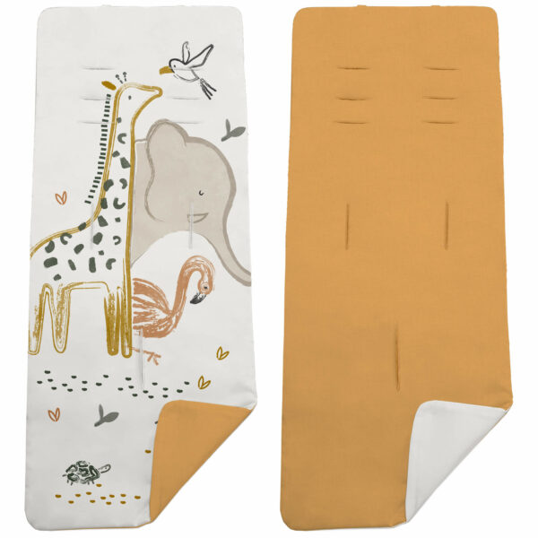 Colchoneta para silla reversible por un lado en villela de algodón color mostaza y por el otro lado batista estampada diseño Izan