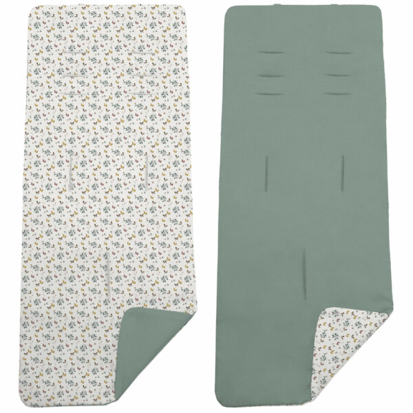 Colchoneta para silla reversible por un lado en villela de algodón color verde y por el otro lado batista estampada diseño Gala