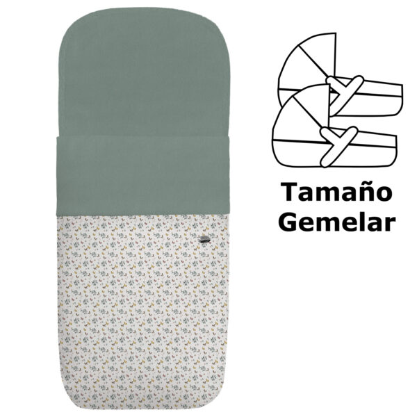 Saco para capazo gemelar en tejido estampado impermeable con el interior en pelo verde safia Gala